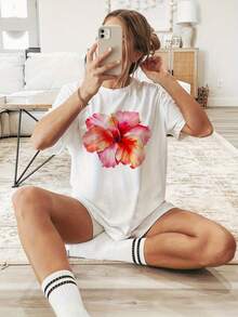 Camiseta de Mujer con Estampado Vintage de Flor Tropical de Hibisco, Manga Corta y Cuello Redondo, Top Casual para Verano y Primavera, Ropa de Mujer - [Blanco] - Ver 6