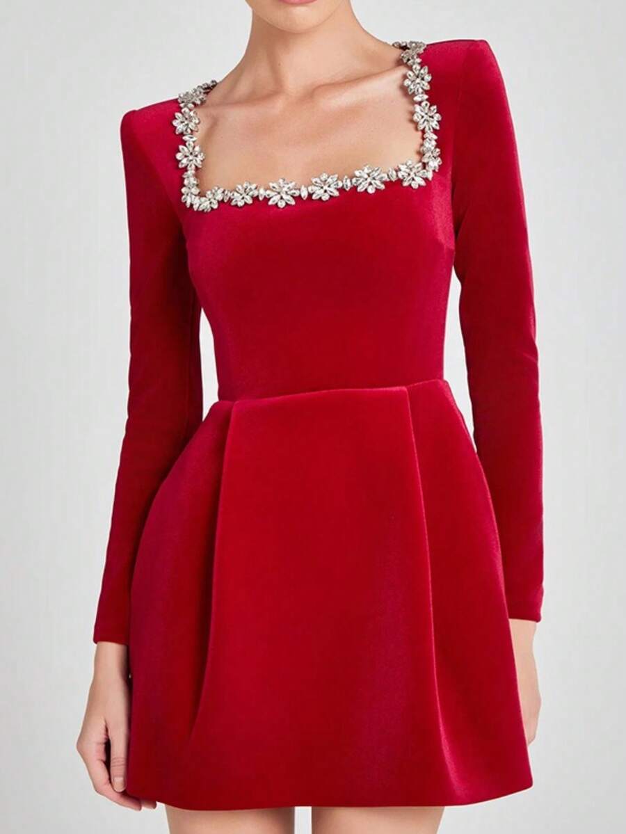 Vestido corto terciopelo primavera mujer cuello cuadrado con brillos elegante y moderno - Rojo - Ver 1