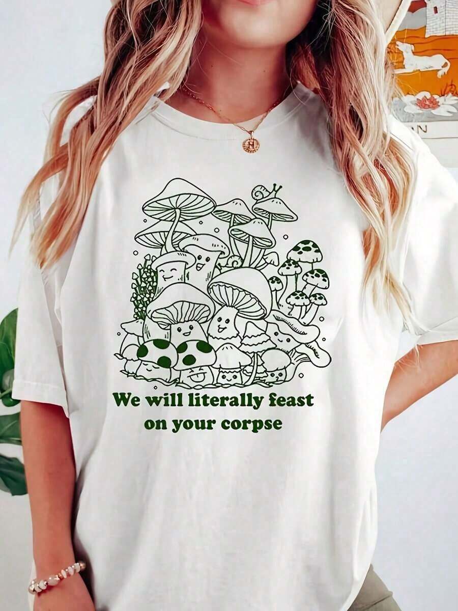 Women's Modern Minimalist Graphic T-Shirt With Mushroom Print "We Will Literally Eat Your Corpse" - Humorous Gift For Mushroom Enthusiasts, White Short Sleeve T-Shirt, Perfect For Spring/Summer, Casual Everyday Printed T-Shirt - 白色 - 查看 1