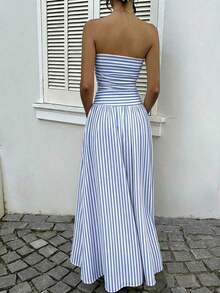 High-Waisted Polka Dot Print Dress, Vacation Style - Wander Blue - View 2
