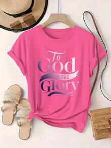 1 pieza de camiseta de manga corta con cuello redondo para mujer, estilo casual europeo y americano, talla grande, con estampado de letras, 180g, 100% algodón. - Negro - Ver 6