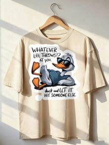 Camiseta con Pato Relajado y Frase "Whatever Life Throws at You",Camiseta de manga corta de moda para primavera y verano de 2026, hecha en México, 180 gramos. Estampado de dibujos animados, modelo de pareja, apta para uso interior o exterior. Cuello redondo, unisex, ideal para oficina y ocio. Paquete de una pieza. - APR-P631577SLNDXZGY378 - Ver 1