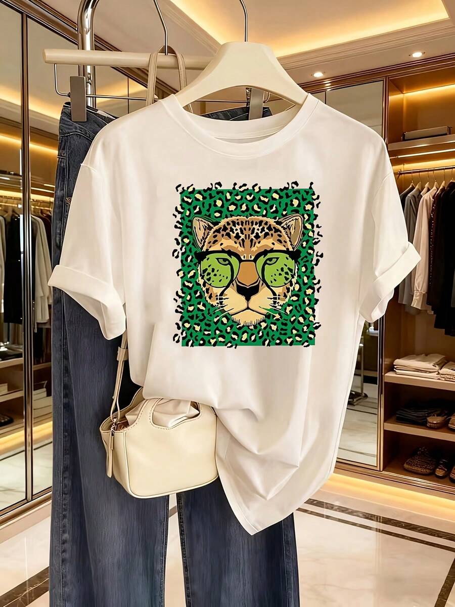 Estampado de cabeza de leopardo con gafas verdes. - Blanco - Ver 1