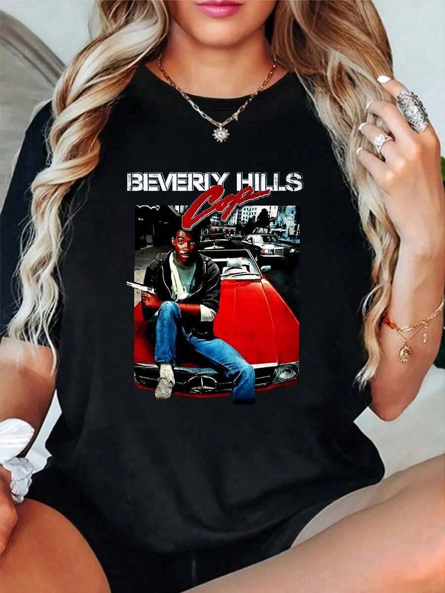 Camiseta de manga corta con estampado gráfico de moda para mujer, 100% algodón, con estampado del póster de la película Cop, cuello redondo, manga corta, ropa de calle, moda transpirable, suave, unisex, ropa de diseñador para mujer, ropa casual, cómoda, suave, sencilla, para uso diario, top de manga corta. - Negro - Ver 1