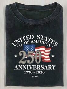 One 230g Vintage Washed Pink Crew Neck T-Shirt Featuring The Text And Graphics 'UNITED STATES OF AMERICA', An American Flag, '250', 'ANNIVERSARY', And The Design '1776 -'. A Perfect Casual T-Shirt For Independence Day Or Patriotic Occasions. Spring/Summer Women's Clothing. 'Best Mom Ever' T-Shirt. - 黑色 - 查看 1
