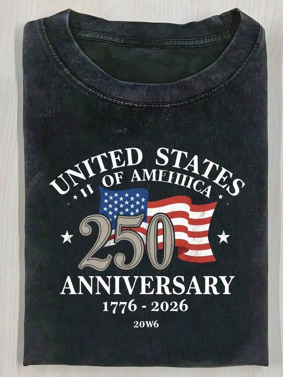 One 230g Vintage Washed Pink Crew Neck T-Shirt Featuring The Text And Graphics 'UNITED STATES OF AMERICA', An American Flag, '250', 'ANNIVERSARY', And The Design '1776 -'. A Perfect Casual T-Shirt For Independence Day Or Patriotic Occasions. Spring/Summer Women's Clothing. 'Best Mom Ever' T-Shirt. - 黑色 - 查看 1