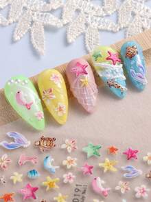 2pcs 5D Summer Nail Art Stickers: Starfish, Turtle, Dolphin, Cherry, Fruit, Ocean Theme, Self-Adhesive Nail Stickers, Y2K Cute Nail Art Decorations, Nail Salon Accessories, DIY Nail Supplies - Multicolor - View 3