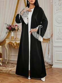 Solessence Elegante vestido-cárdigan de mujer con mangas acampanadas de encaje en contraste, de tejido tejido - Negro - Ver 1
