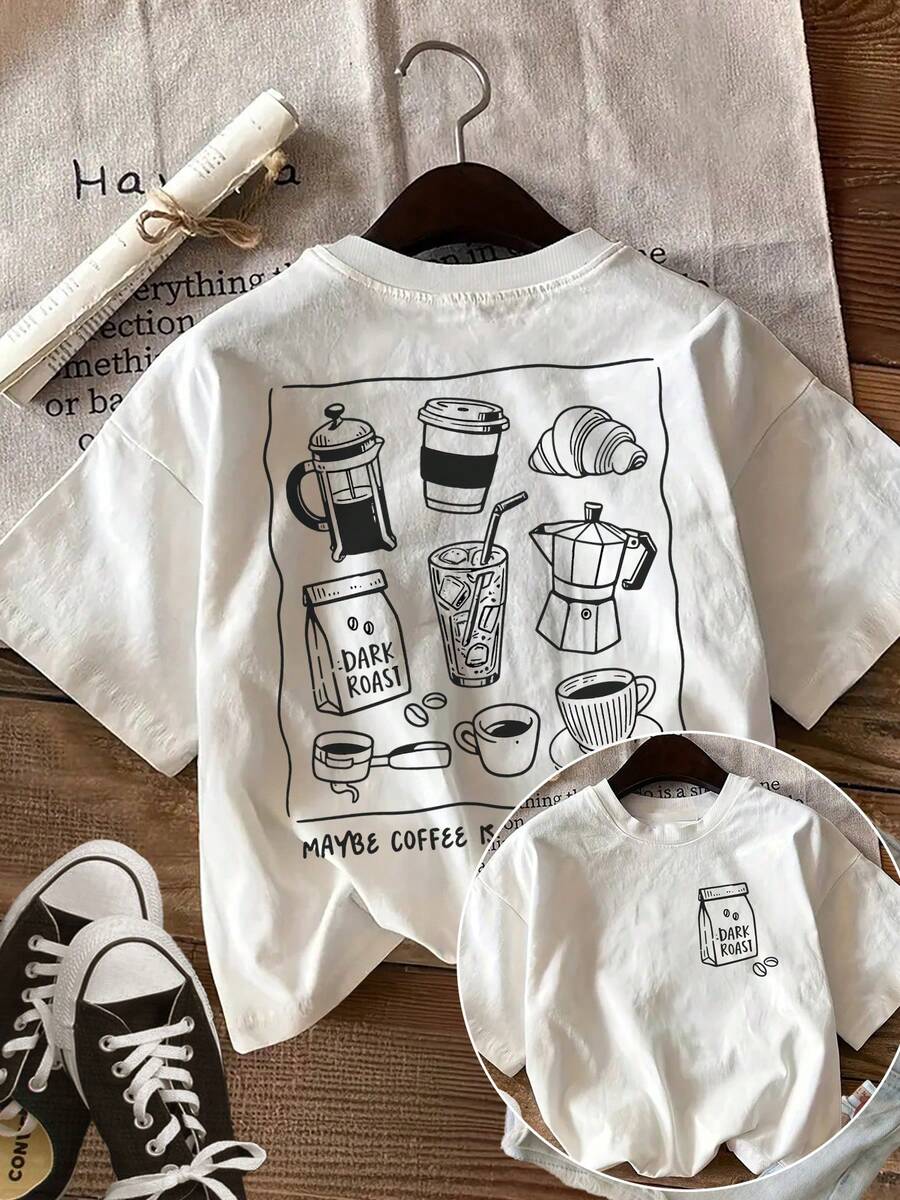 [Front And Back Images] Spring/Summer T-Shirt, Hand-Drawn Style, Coffee And Bread, Maybe Coffee, Casual, Loose Fit, Round Neck, Short Sleeve, Printed, Women's T-Shirt - 白色 - 查看 1