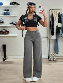 Jeans de mezclilla de pierna ancha recta de diseño simple con cintura alta para mujeres a la moda - Gris 2 - Ver 6