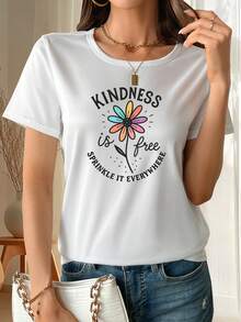Women's Fun "Kindness Freedom" T-Shirt With Colorful Floral Print, Short Sleeves, Made Of Soft And Breathable Polyester Fiber, With Medium Elasticity, Machine Washable, Perfect For Summer Fashion, Women's Clothing, New Style, A Must-Have Garment For Spring And Summer. - White - View 7