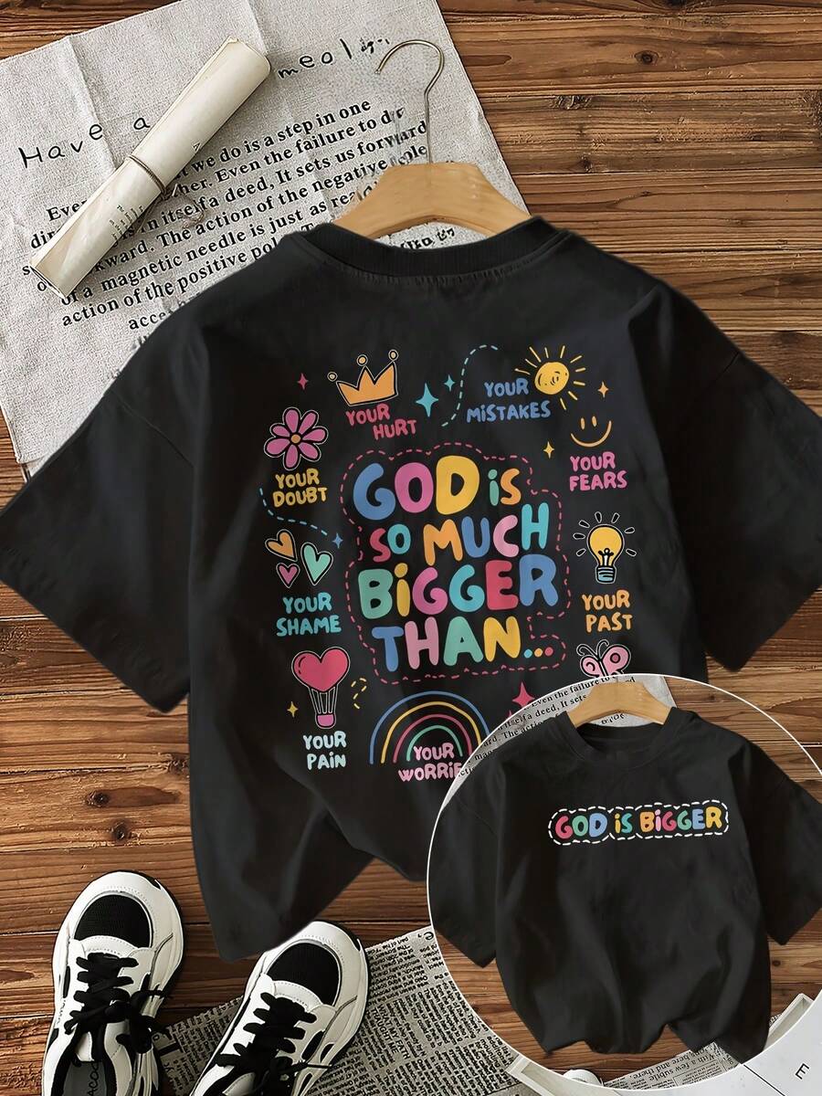 Graphic Print T-Shirt, Short Sleeves And Round Neck For Summer And Spring, Women's Clothing - Black - View 1