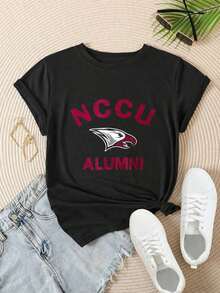Women's Casual Short Sleeve T-Shirt - Summer Crew Neck T-Shirt With NCCU Alumni Eagle Logo Print, Machine Washable, Ladies' T-Shirts, Casual Wear, Modern Style, Comfortable Fit

-White Blouses For Women Shirt - 黑色 - 查看 3