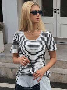 Camiseta de mujer de manga corta de verano, casual, de cuello redondo, a rayas, holgada y cómoda - Blanco y Negro - Ver 1