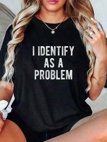 1 Piece 100% Cotton T-Shirt With Funny Sarcastic Phrase, Comfortable Short Sleeve T-Shirt For Men And Women, Women's T-Shirt 180g - 黑色 - 查看 6