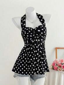 Top de tirantes con estampado de lunares marrones y detalle de nudo en la espalda para mujer, adecuado para verano, vacaciones de primavera, ceremonia de graduación, fiesta de boda, vacaciones elegantes, playa casual, estilo Y2K lindo y sexy y - Negro 2 - Ver 4