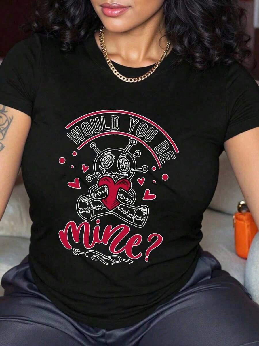 New Arrivals For Summer. Women's 100% Pure Cotton Casual T-Shirt With A Round Neck, A Fun Print Of A Robot Holding A Heart, And The Phrase "Will You Be Mine?", Ideal As A Romantic Date Gift. Blouse, Shirt > Beautiful. - 黑色 - 查看 1