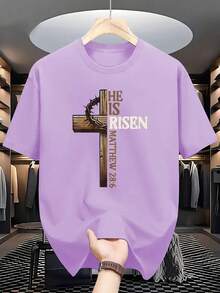 1 Neutral Christian Design T-Shirt - Cross And Crown Design With The Phrase "He Has Risen", With The Biblical Quote Matthew 28:6, Regular Fit, Round Neck, Adult Summer Casual Wear, Machine Washable, Comfortable For Daily Use, Opaque Material. - Black - View 9
