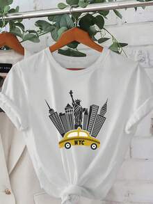 New York Taxi Print T-Shirt, Casual For Women, Vacation, Short Sleeve, Round Neck, Spring/Summer, Machine Washable, New Women's Fashion, Versatile For Going Out, Sporty Style. - 白色 - 查看 1