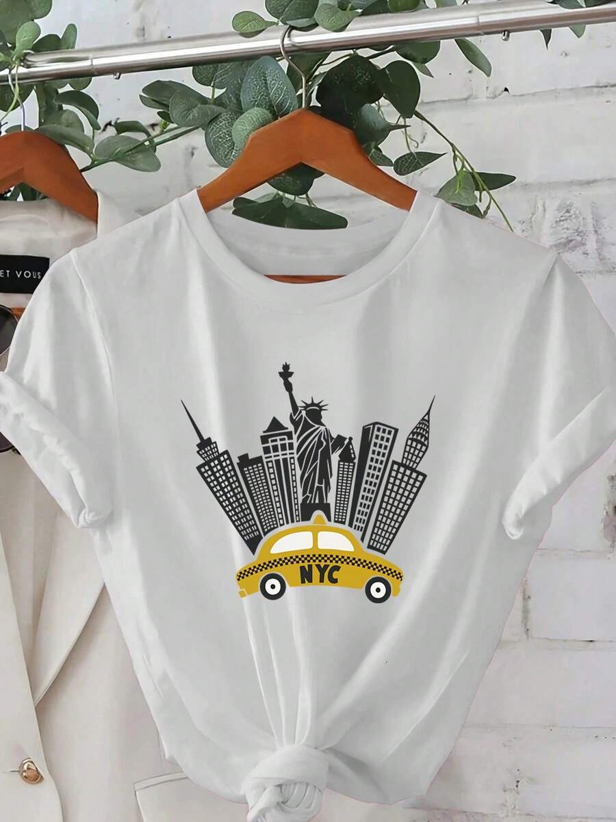 New York Taxi Print T-Shirt, Casual For Women, Vacation, Short Sleeve, Round Neck, Spring/Summer, Machine Washable, New Women's Fashion, Versatile For Going Out, Sporty Style. - 白色 - 查看 1