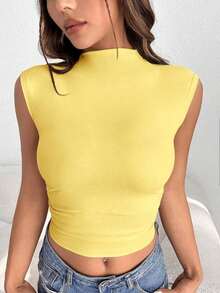 Top de verano de mujer tejido de unicolor con cuello alto para salir - Amarillo - Ver 4