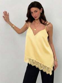 Top de tirantes de mujer con encaje y bajo asimétrico - Amarillo claro - Ver 3