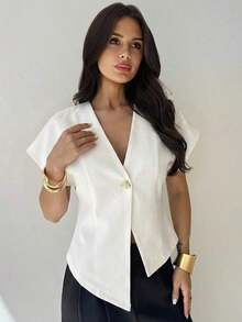 Blusa casual de manga murciélago asimétrica de unicolor mostaza, elegante, simple, estilosa y minimalista, versátil para el uso diario y el transporte, de alta gama, minimalista y desconstructiva, con manga de murciélago oversize y cuello en V de - Blanco - Ver 4