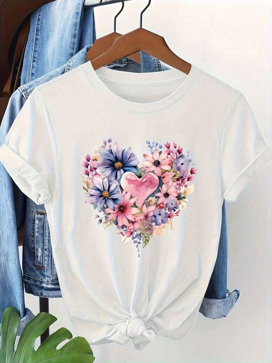Gift: 1 Women's White T-Shirt With Floral Heart Print, Round Neck, Casual Cotton T-Shirt, Medium Elasticity Knit Fabric, Regular Fit For Ladies, For Spring/Summer/Autumn, Soft. - 白色 - 查看 1