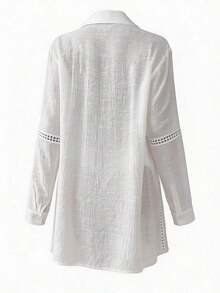 Kimono de manga larga con botones de un color informal, para cubrir en el verano, vacaciones en la playa - Blanco - Ver 4