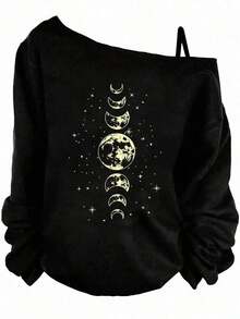 Camiseta de manga larga con hombros caídos, suelta y casual, para primavera y otoño - Negro - Ver 6