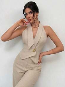 Chaleco asimétrico de mujer con cintura ceñida sin mangas, color albaricoque, con decoración de botones metálicos en la cintura, estilo británico, minimalista y básico para uso diario, apropiado para primavera/verano, elegante, para ir al trabajo, - Albaricoque - Ver 1
