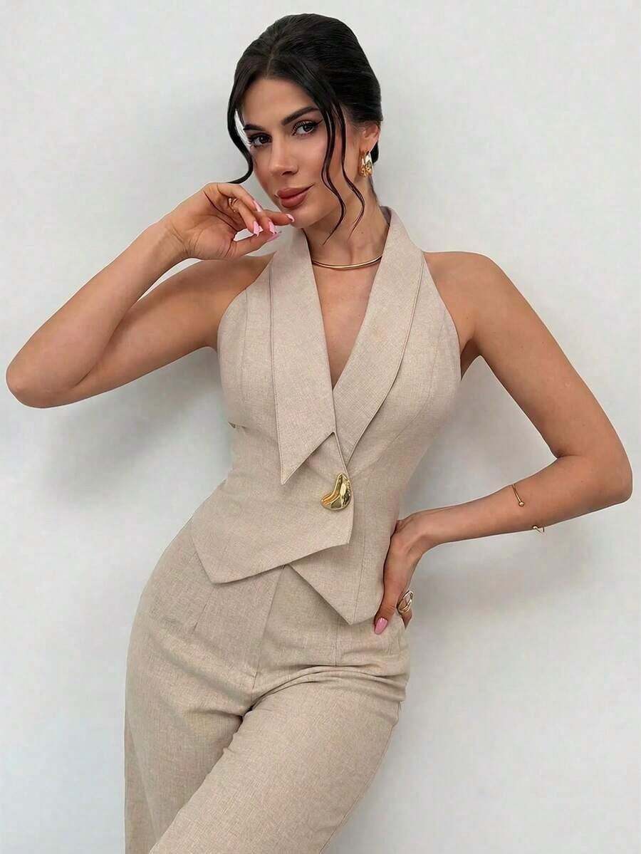 Chaleco asimétrico de mujer con cintura ceñida sin mangas, color albaricoque, con decoración de botones metálicos en la cintura, estilo británico, minimalista y básico para uso diario, apropiado para primavera/verano, elegante, para ir al trabajo, - Albaricoque - Ver 1