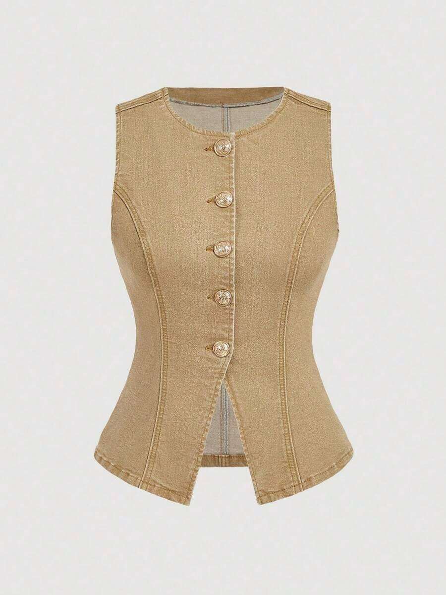 Top de mezclilla sin mangas para mujer, vaquero casual elástico y ajustado, de verano - Caqui - Ver 1