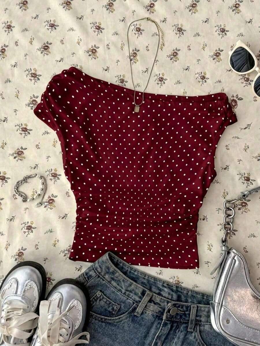 Blusa asimétrica de hombro fruncida con lunares para mujer, blanca - Burdeos - Ver 1