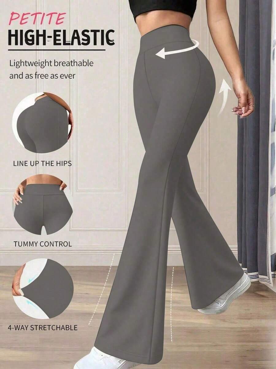 Pantalones acampanados de cintura alta de unicolor para mujer de talla pequeña, color negro, para primavera - Púrpura polvoriento - Ver 1