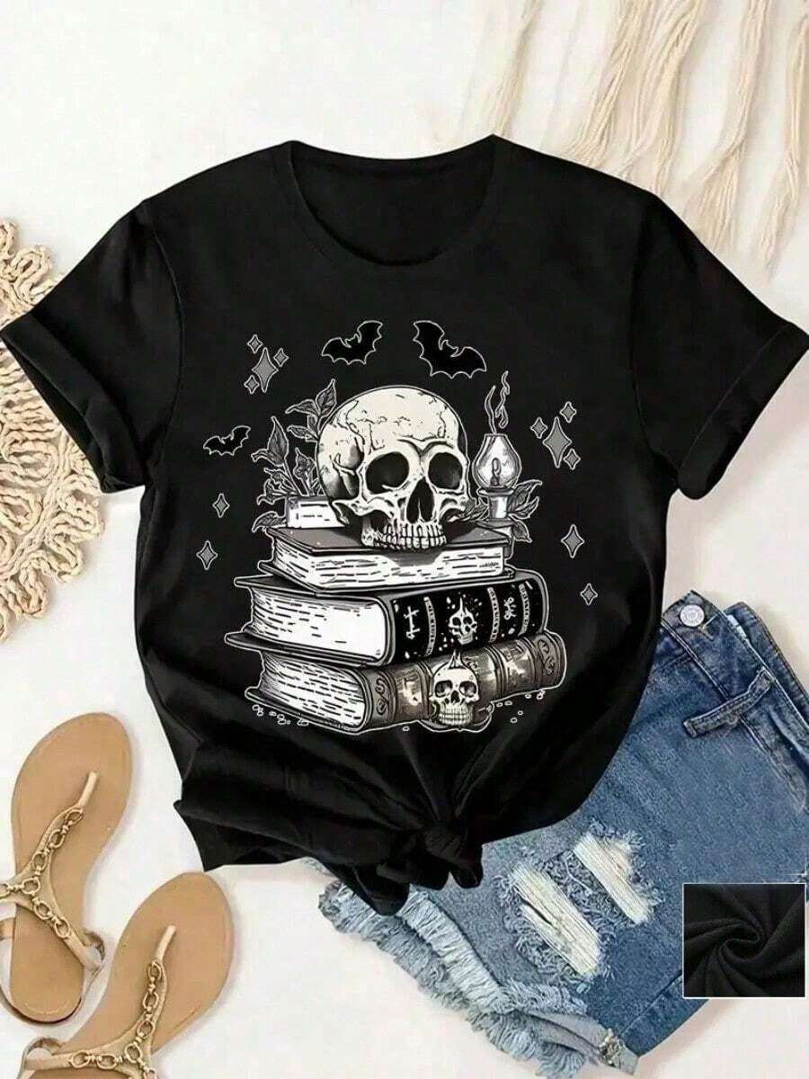 Women's Casual T-Shirt, Printed With Skeleton And Book Design, Casual And Comfortable Short-Sleeved Round Neck T-Shirt, Spring And Summer Clothing, Suitable For Any Occasion, Solid Color, Leisure, Daily Wear. - 黑色 - 查看 1