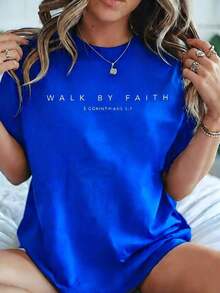 Women's Christian Shirt "Walk By Faith 2 Corinthians 57", 100% Cotton, Loose Fit, Graphic T-Shirt With Bible Verse And Inspirational Message, White, Casual, For Everyday Wear - 藍色 - 查看 5