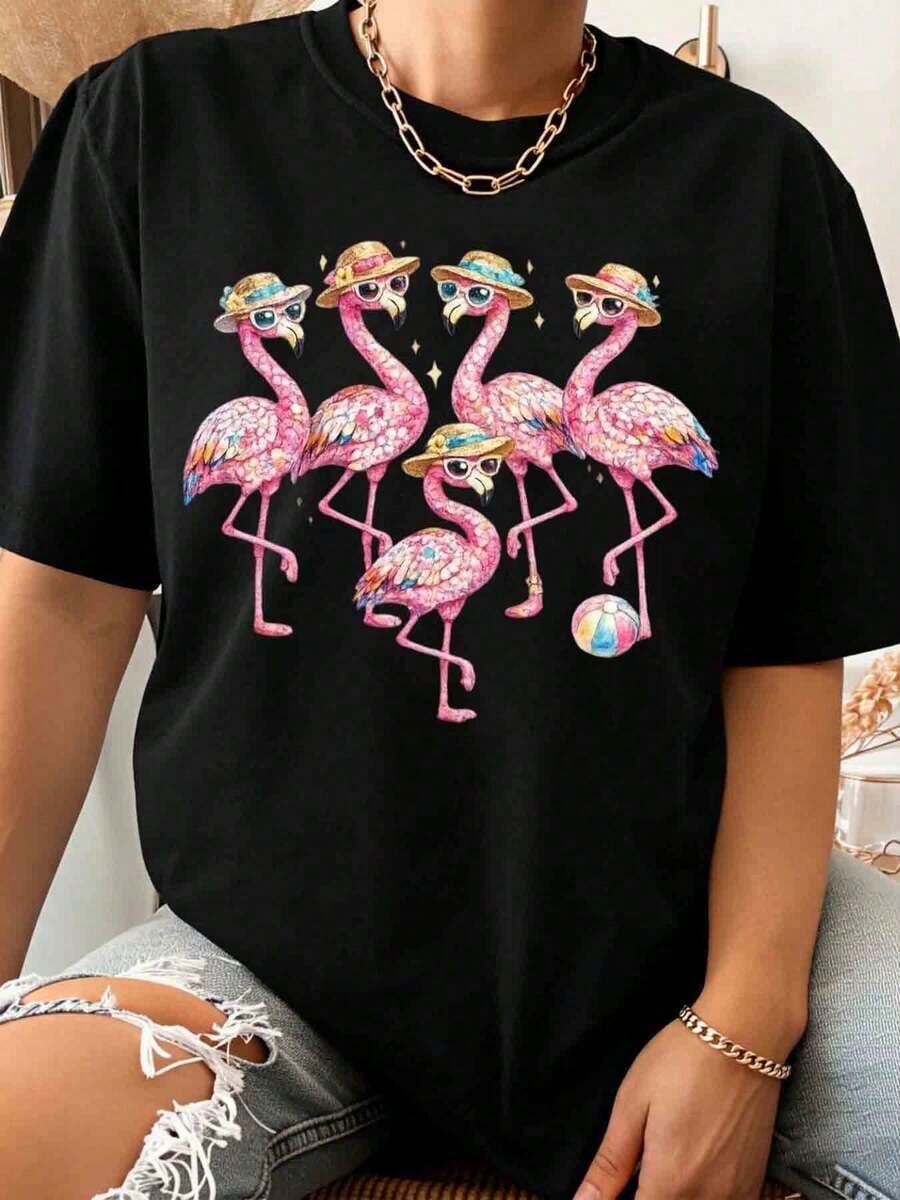 1 Piece Of Women's T-Shirt With Flamingo Design With Hat And Beach Ball, Summery And Charming Style, Perfect For Vacation And Party Season, Ideal Gift For Friends And Family, 180g, 100% Cotton. - 黑色 - 查看 1