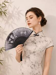 中式水墨梅花摺扇，女士小扇，夏季新款中式古風旗袍漢服道具，舞扇 - 黑色 - 查看 3