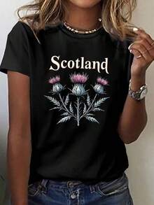 One Piece, Classic And Versatile, Pure Cotton Short-Sleeved T-Shirt Ideal For Any Season. Features A Scottish Lavender Print Design For Women, A Modern And Elegant Style. - 黑色 - View 1