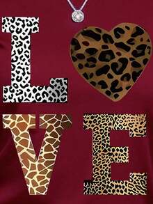 r de manga corta con cuello redondo, estampado de leopardo y gráfico de letras, de estilo casual - Rojo - Ver 4