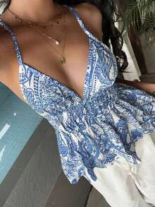 Camiseta sin espalda con volantes y tirantes de estampado bohemio de verano casual para mujer - Azul y blanco - Ver 1