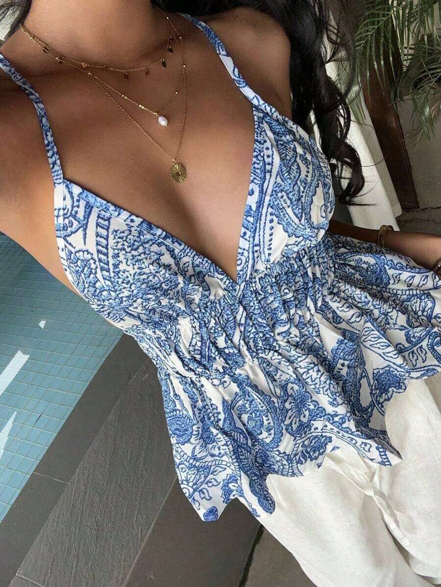 Camiseta sin espalda con volantes y tirantes de estampado bohemio de verano casual para mujer - Azul y blanco - Ver 1