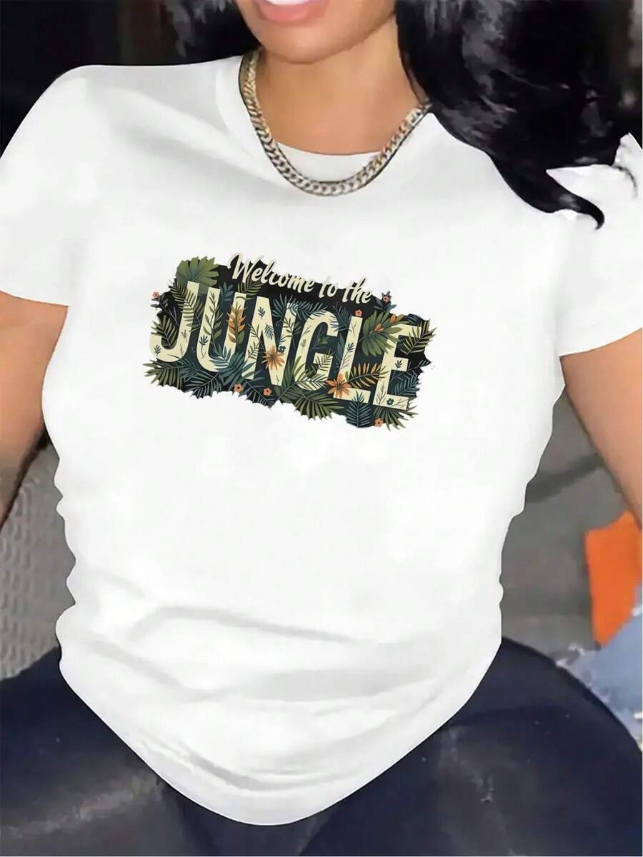 Camiseta retro rock para mujer con estampado de letras "Welcome to the Jungle", manga corta, estilo callejero europeo y americano, top fresco de cuello redondo, nueva colección primavera/verano 2026. - Blanco - Ver 1