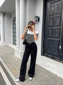 de mujer de manga corta con escote trasero a rayas francesas, ideal para primavera/verano - Negro - Ver 5