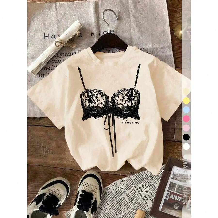 Camiseta gráfica de encaje estilo para mujer, cuello redondo oversize y manga corta, camiseta casual cómoda, ideal para el verano y salidas de fin de semana - Blanco - Ver 1