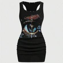 ROMWE Grunge Punk Women's Retro Baddie Unisex Streetwear Casual Star & Rivet Print Bodycon Mini Dress - Blanco - Ver 2