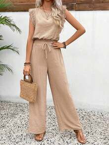 Conjunto de 2 piezas de blusa con ribete de encaje de unicolor y pantalones de pierna ancha para mujer, casual para vacaciones y viajes, primavera/verano - Caqui - Ver 3