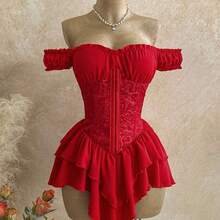 WYWH Women's Romantic Vacation Dress, Red Jacquard Texture Ruched Waist Splice Ruffle Strap Shoulder Strap Multi-Layer Ruffle Hem A-Line Chiffon Mini Dress, Casual, Date, Valentine's Day, Afternoon Tea, Beach, Cruise, City Vacation, Music Festival, Party, Boho, Hippie, Western, Daily Commute, Valentine's Day Red Dress,Summer Dresses For Women,Music Festival Outfits, Everyday Outfits, Wedding Season Outfits, Party Outfits, Carnival Outfits, Island Vacation Outfits. Black Corset Tops For Wom - Rojo - Ver 8