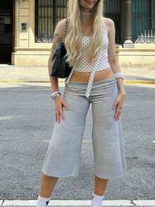Fold-Over Waistband Flowy Cropped Pants, High Waist Stretchy Knit Wide Leg Trousers, Y2K Beach Daily Wear - Gris Claro - Ver 2